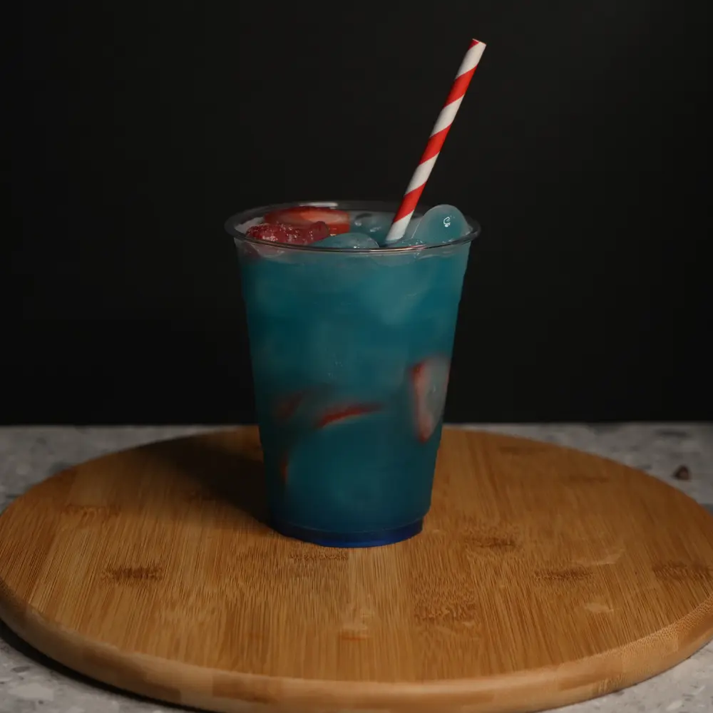 Oceans Heaven blue drink as shot, on a wooden board