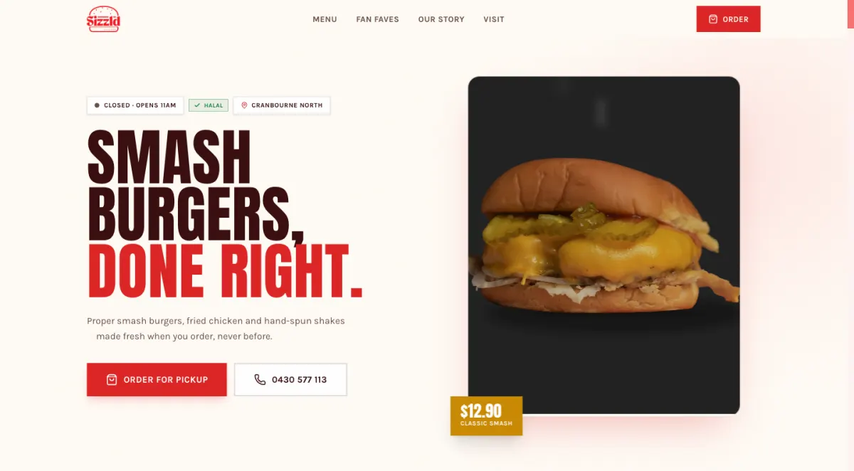 Sizzld website concept: Smash burgers, done right headline, order for pickup button and the delivered OG CheeseBurger photo