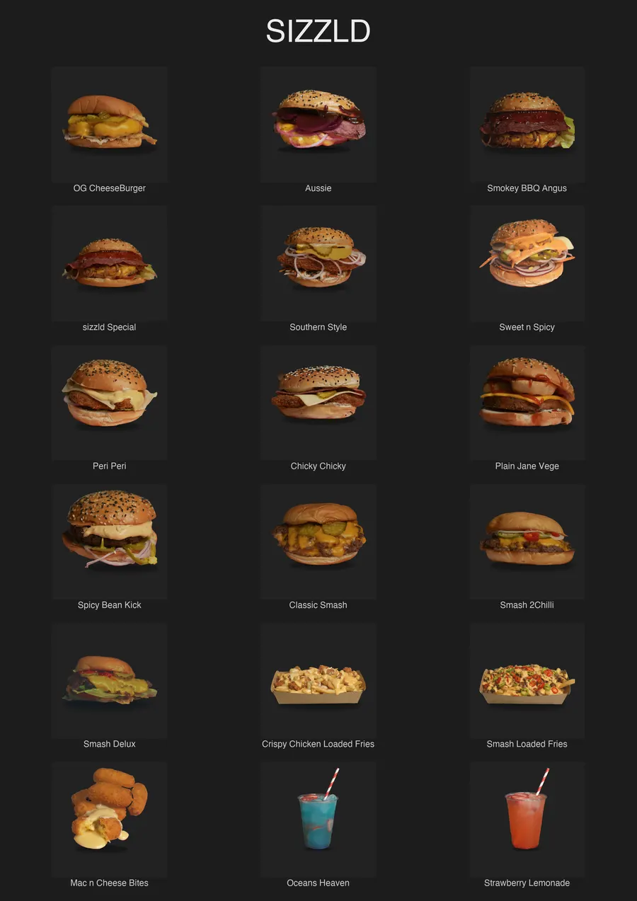 A4 overview of all 18 Sizzld menu items as delivered: burgers, loaded fries, mac and cheese bites and two drinks