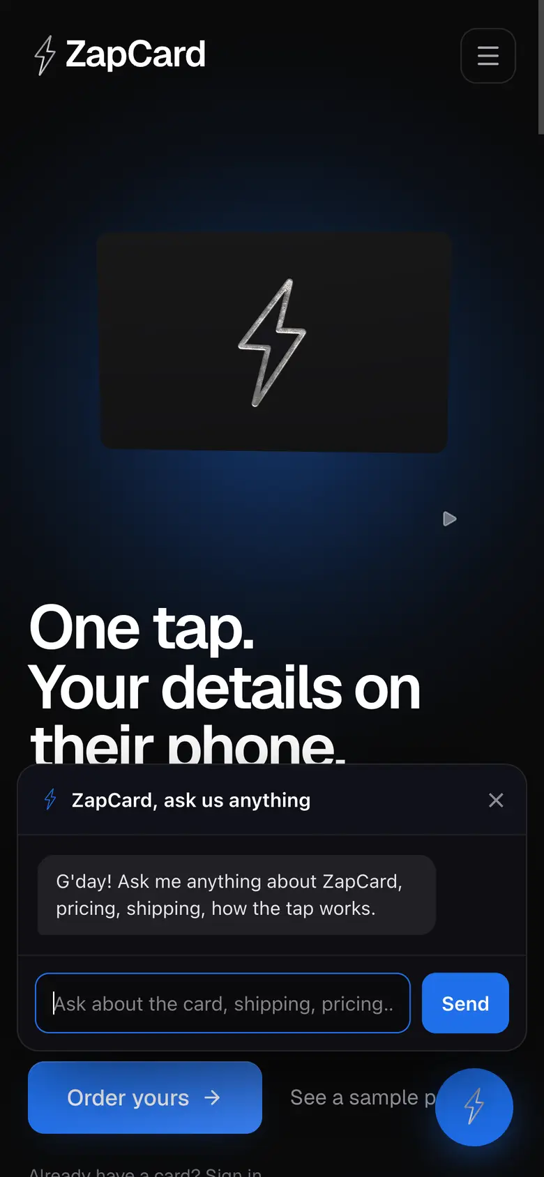 ZapCard's own website chat open on a phone