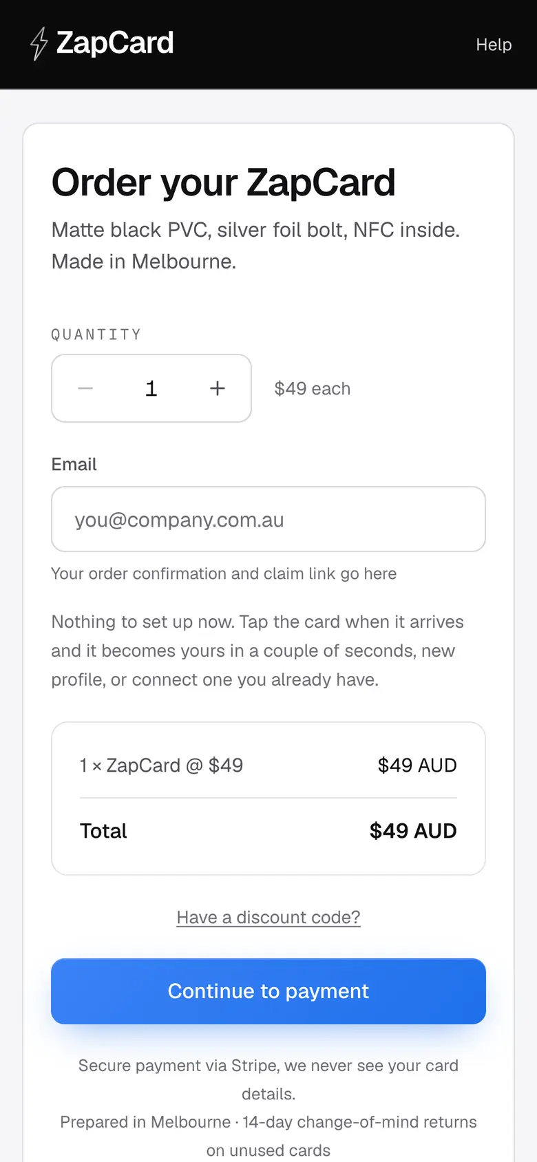 ZapCard order page on a phone, with quantity, total and Stripe payment
