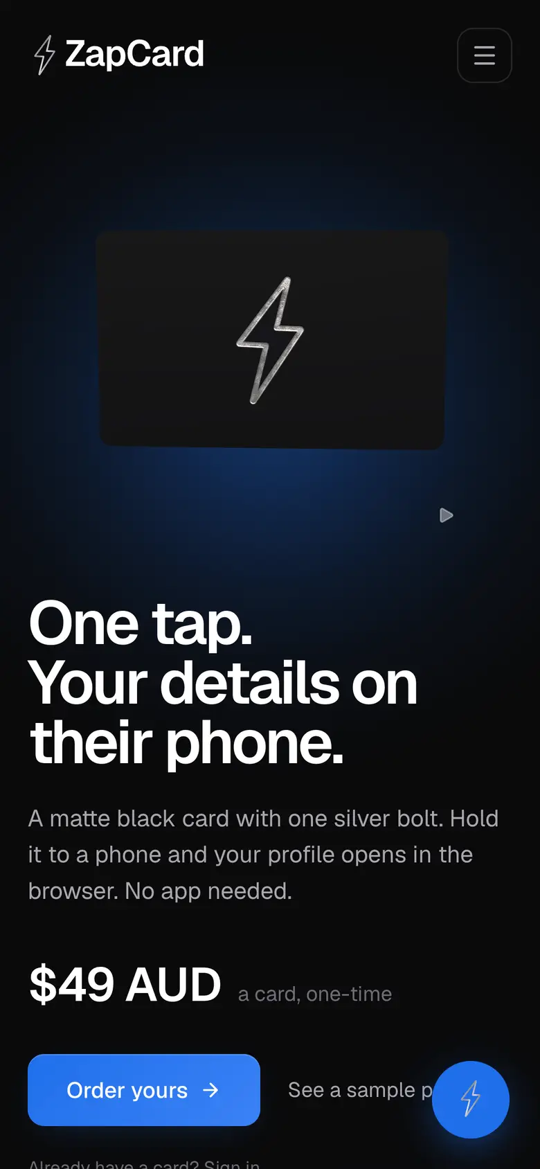 ZapCard home page on a phone: one tap, your details on their phone, $49