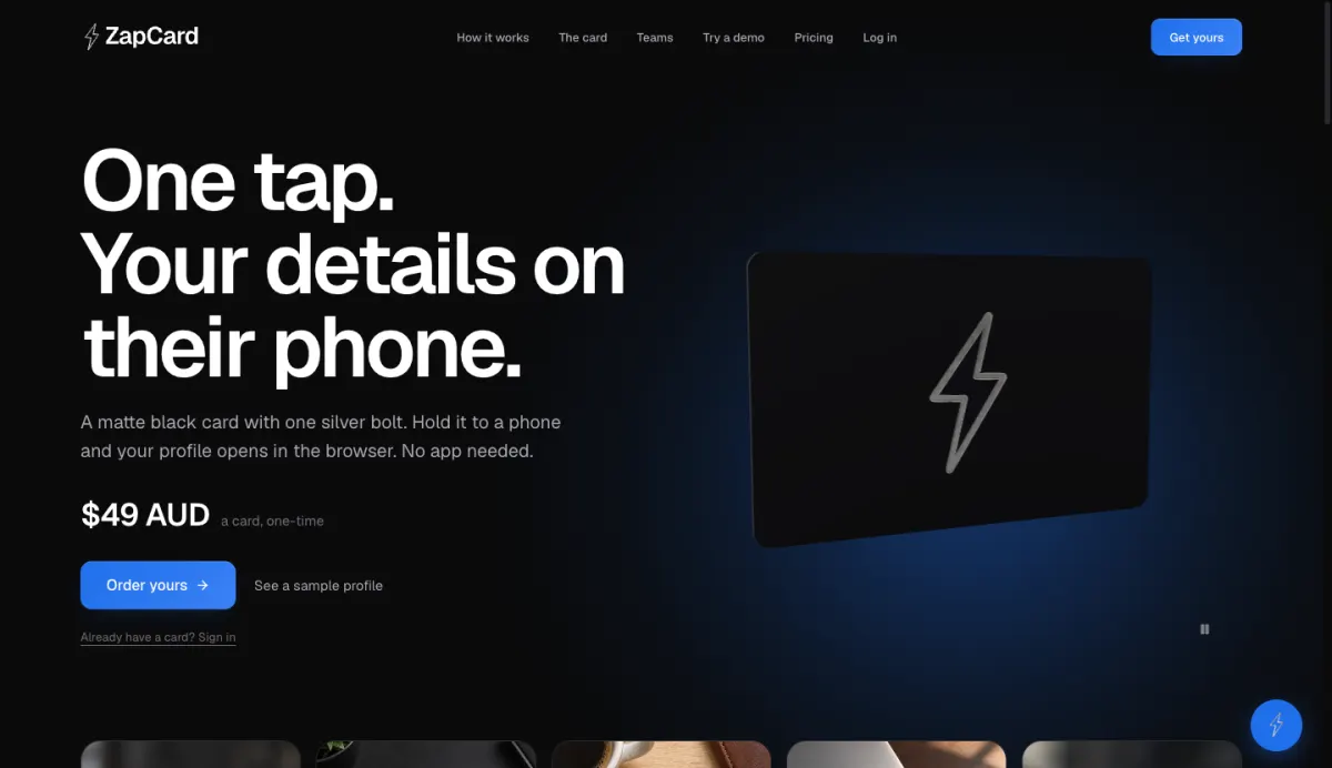 ZapCard home page at desktop width: One tap. Your details on their phone, $49 AUD, Order yours