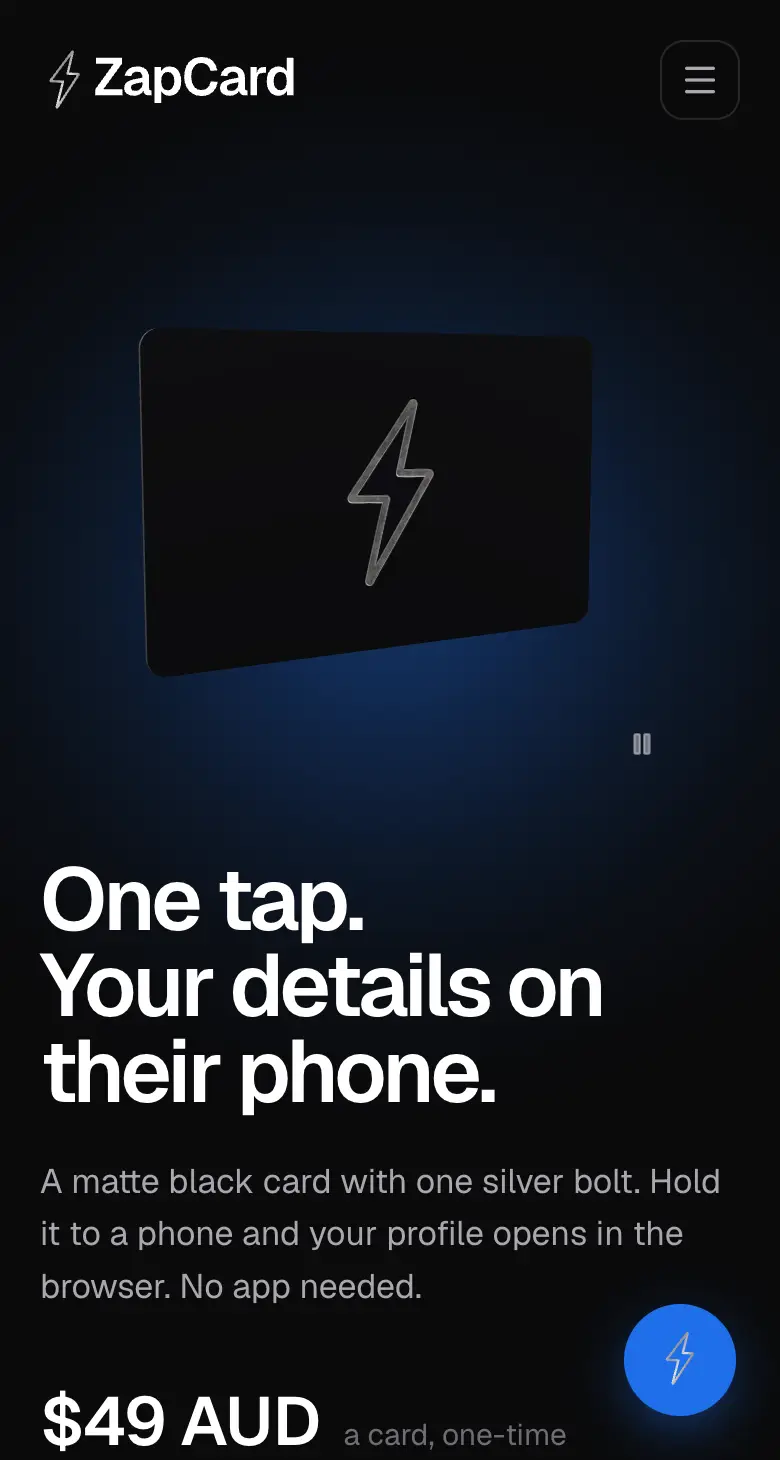 ZapCard home page on a phone at 390 pixels wide
